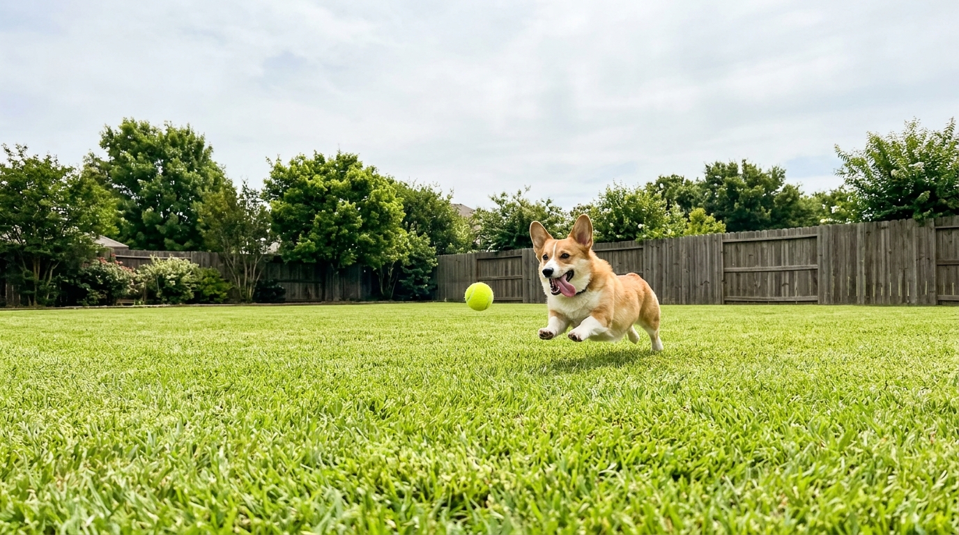 Happy dog chasing tennis ball at golden hour