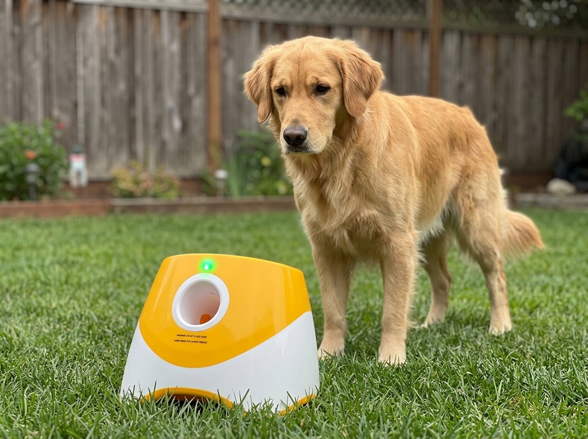 Dog walking calmly in front of the launcher