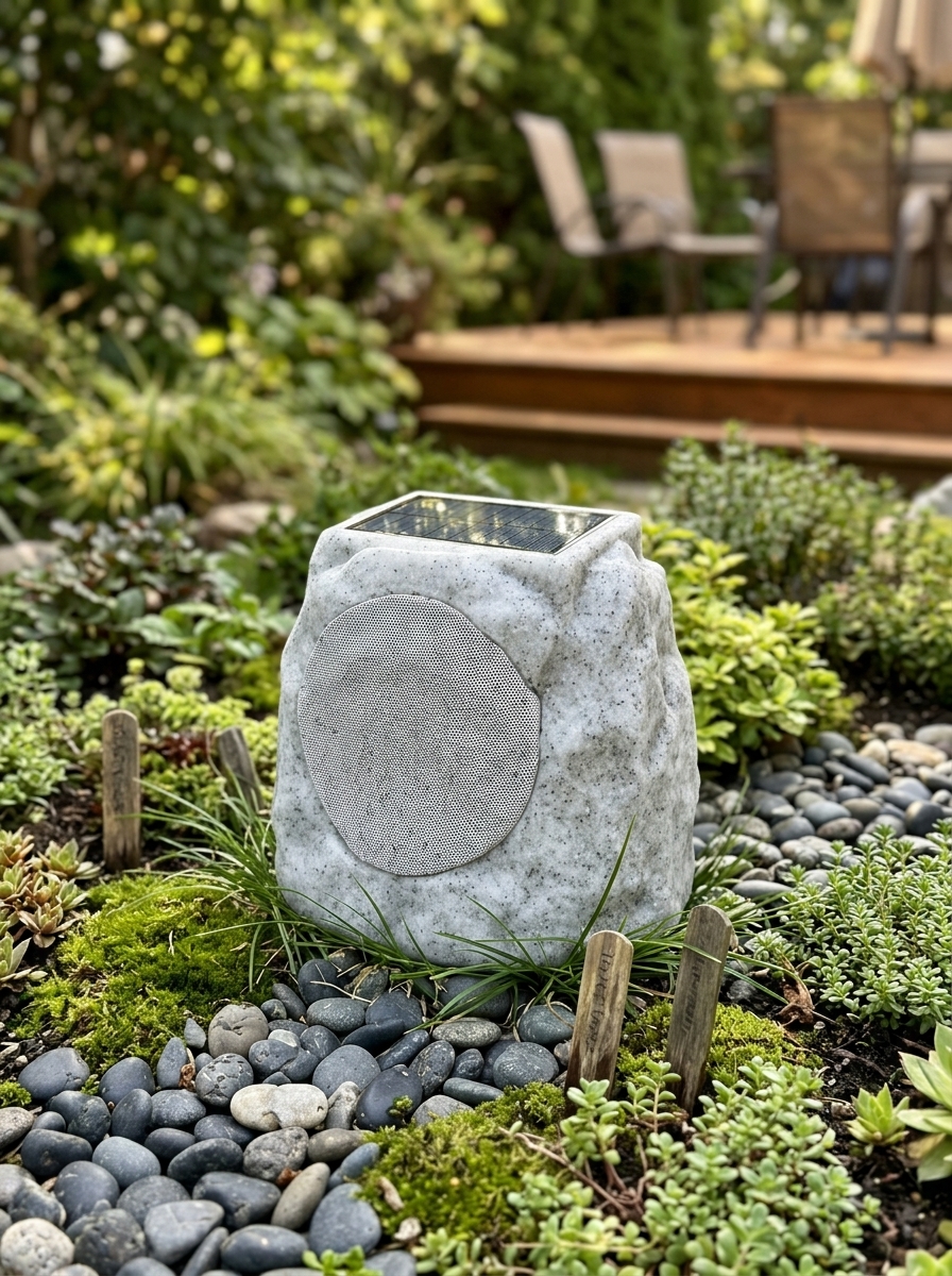 Granite-textured rock speaker with solar panel on top, sitting in landscaping