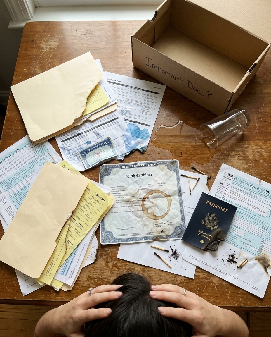 Messy stack of unorganized important documents on a home office desk
