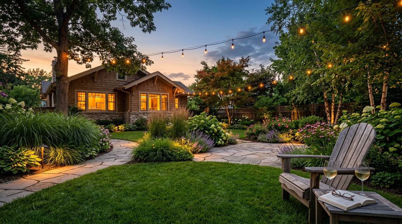 Backyard at dusk with rock speaker visible in landscaping, string lights overhead