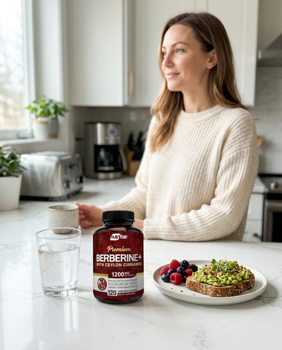 A woman in her late 30s in a softly-lit kitchen at morning, hands wrapped around a mug of coffee, looking calm and content out the window. Natural daylight, relaxed shoulders, no tension.