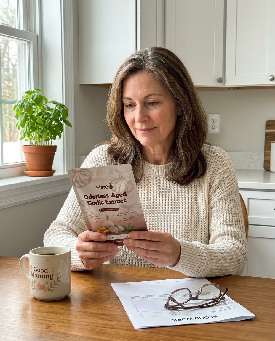 Woman in her 50s with Elaré Aged Garlic Extract in her morning kitchen