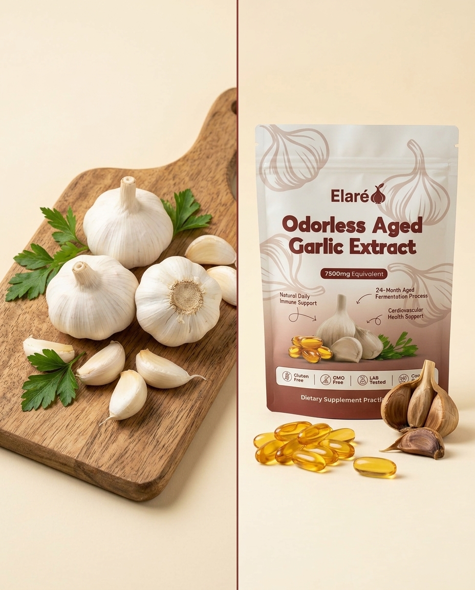 Whole garlic bulbs alongside aged garlic cloves and golden Elaré softgel capsules