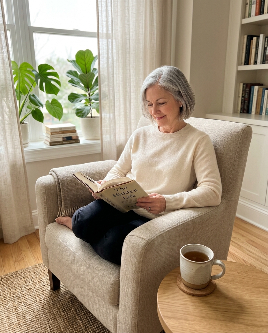 Woman in her late 50s reading at her kitchen table in warm morning light