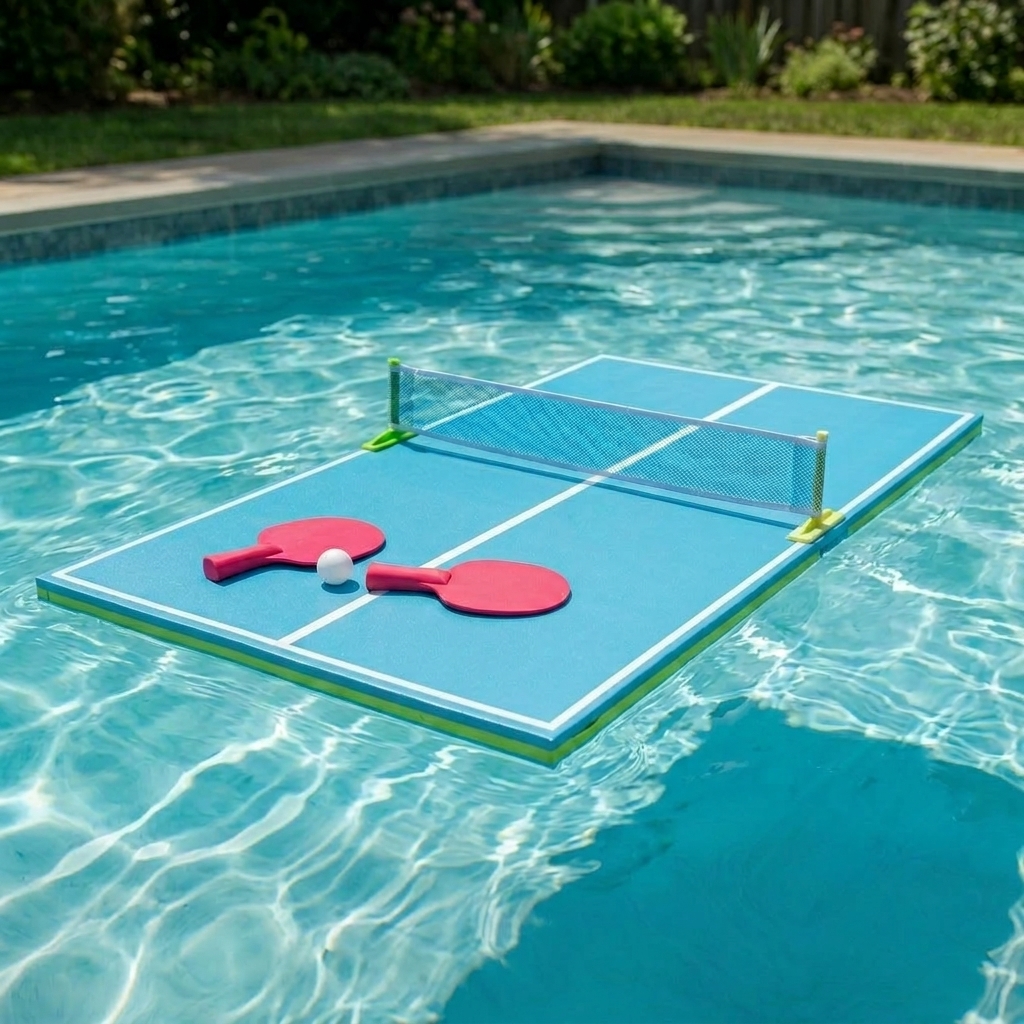 Adults laughing mid-rally on a floating ping pong table in a backyard pool at golden hour