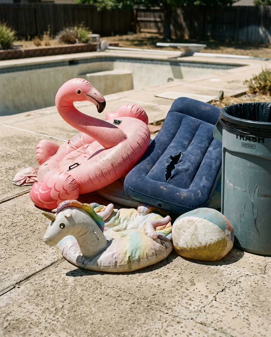 A garage corner with deflated and sun-bleached inflatable pool toys piled in a forgotten heap