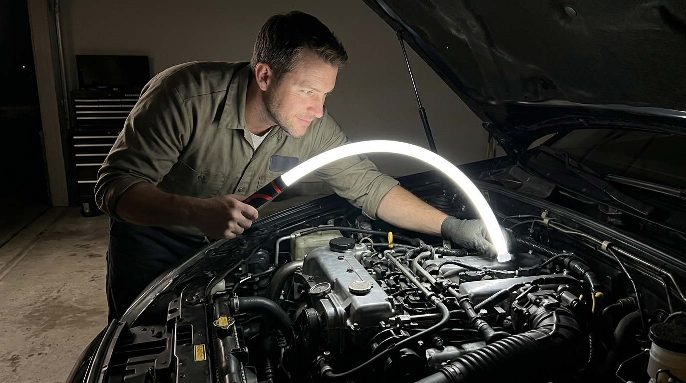 Mechanic working under car hood at night with Venator LED work light