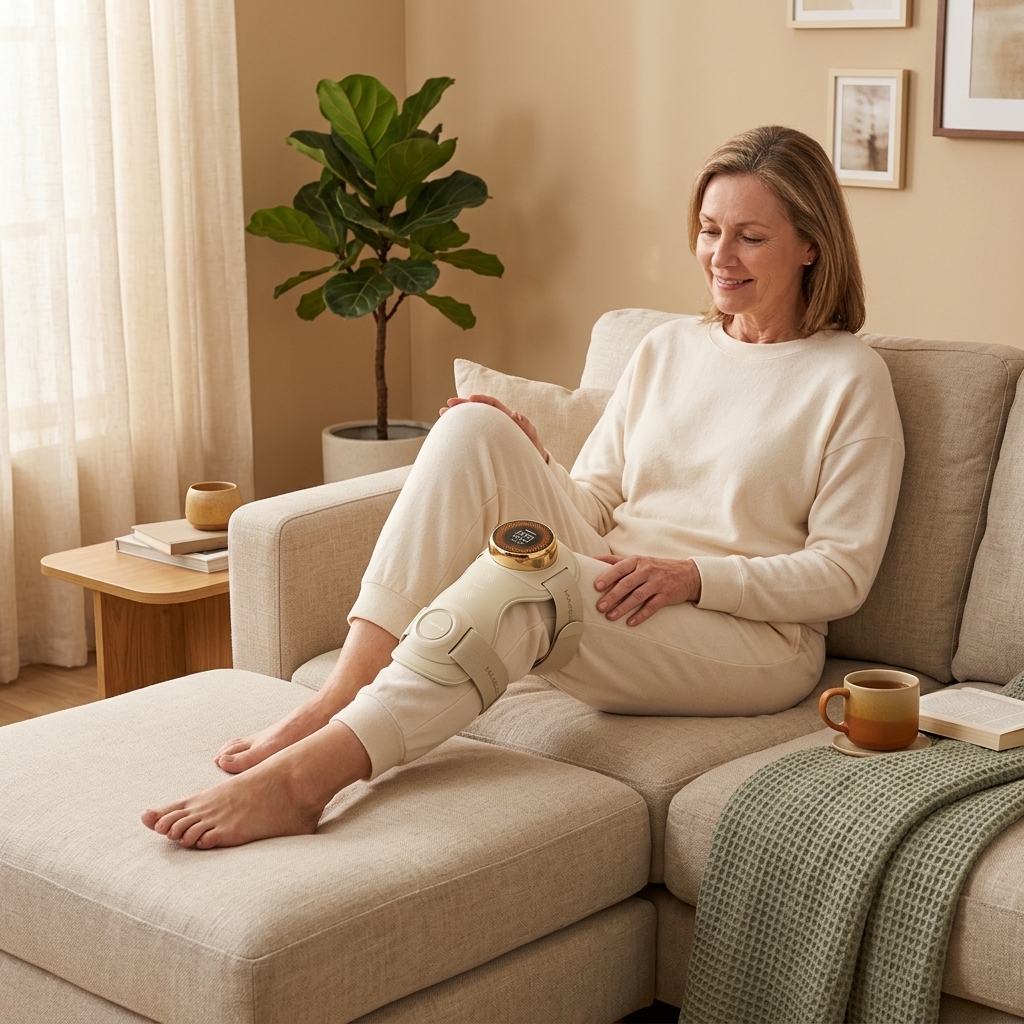 Older adult using the Venator knee massager at home