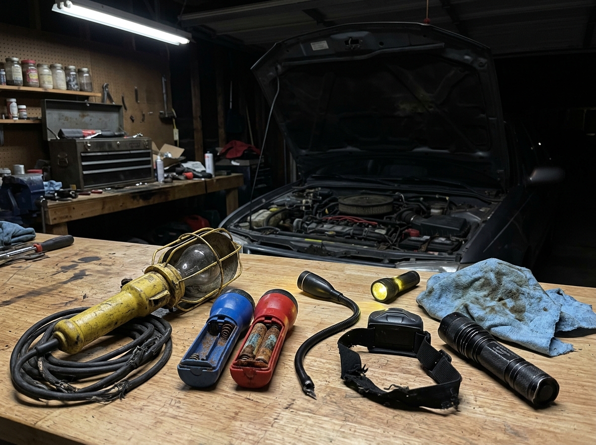 Toolbox drawer full of broken cheap flashlights