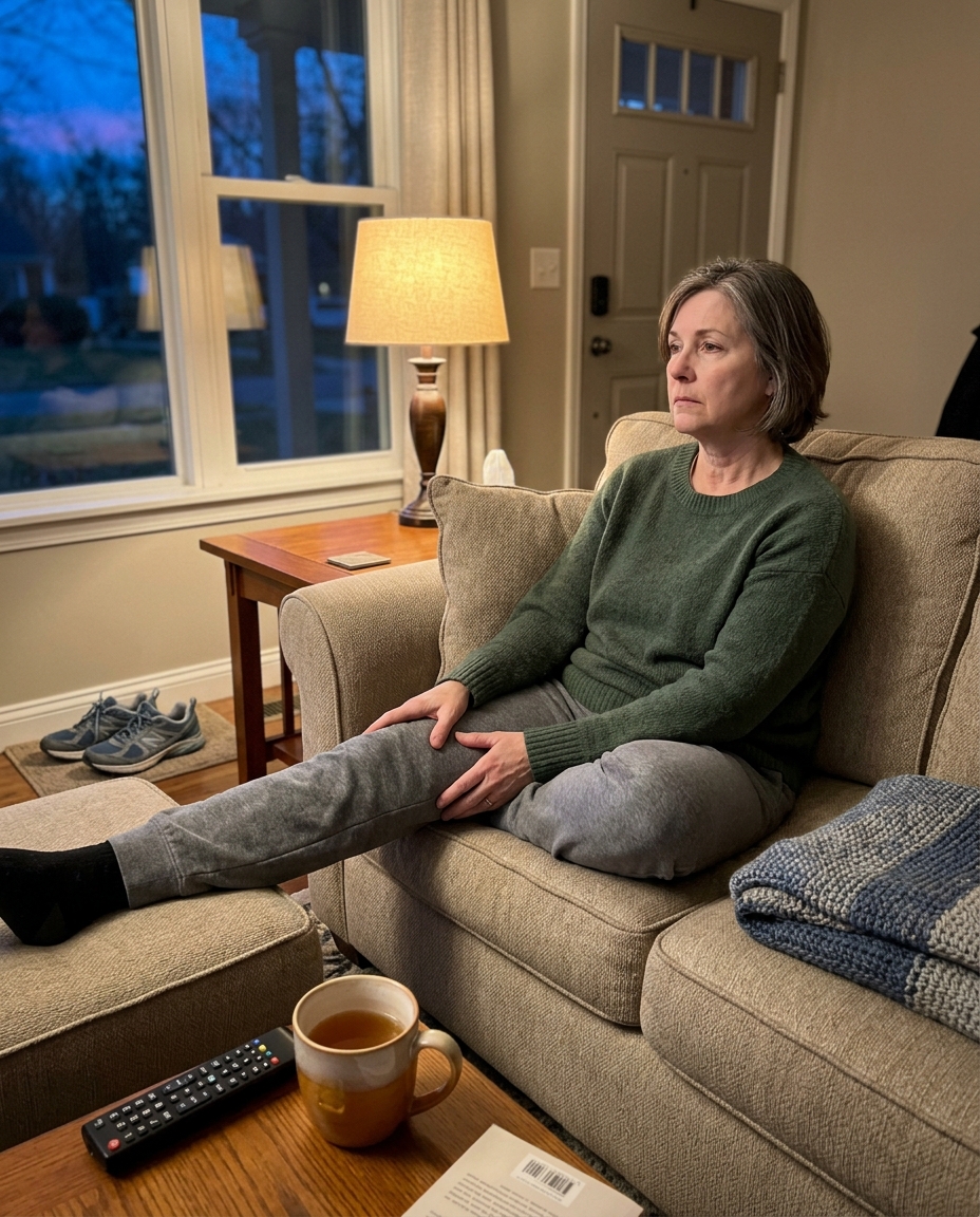 Older adult in recliner during evening with heating pad on knee