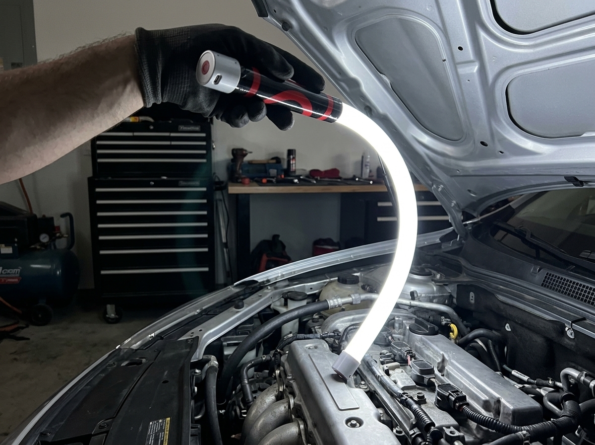 Mechanic holding phone in mouth working under hood