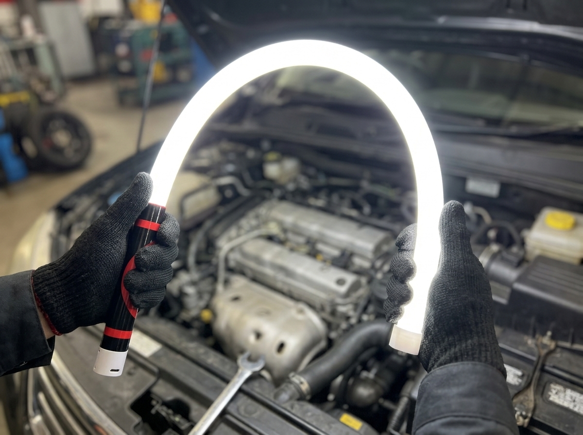 Venator LED work light magnetized to underside of car hood lighting engine bay