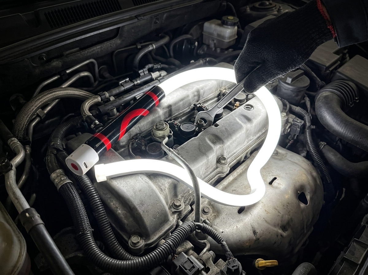 Mechanic using two hands on wrench with engine bay lit by overhead work light
