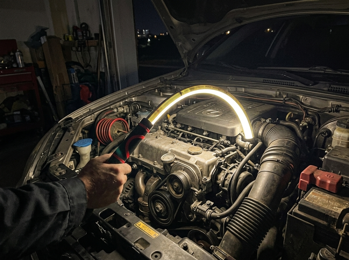 Engine wires under cheap low-CRI flashlight, colors washed out