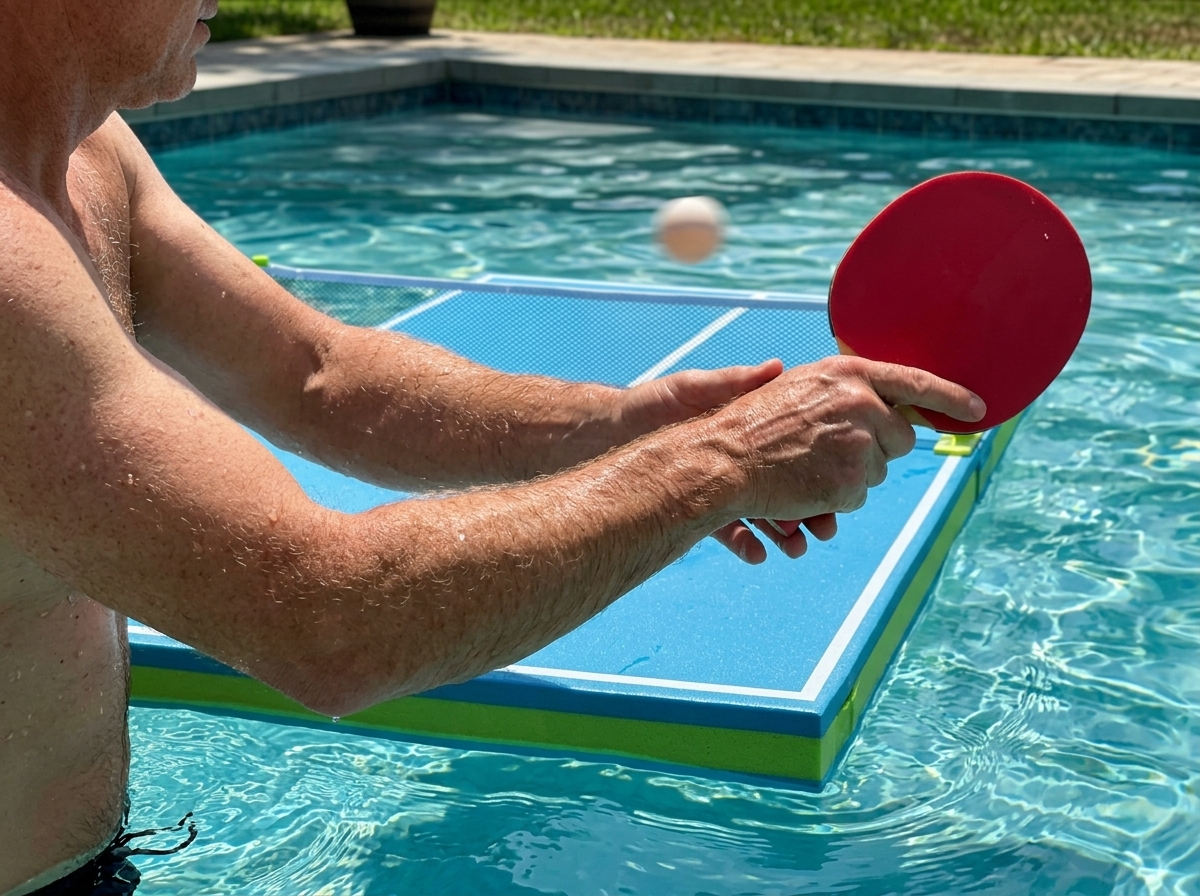 Sarah L. holding PoolPong paddles by her pool