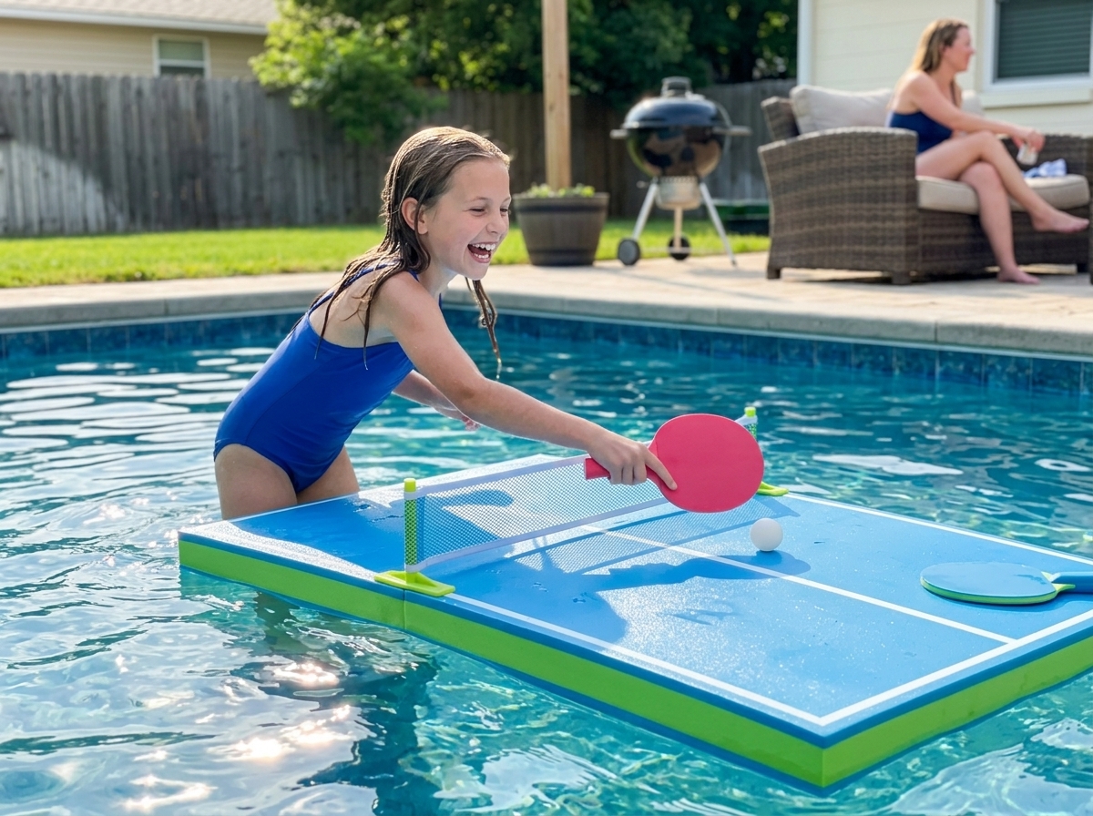 Group of adults playing PoolPong at sunset