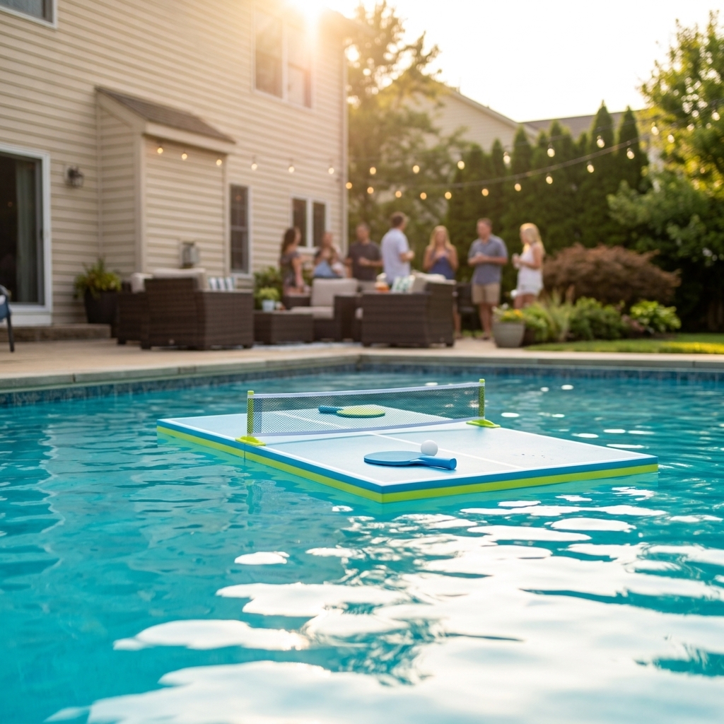 A backyard pool at golden hour with PoolPong floating mid-rally - the Saturday you have been waiting for
