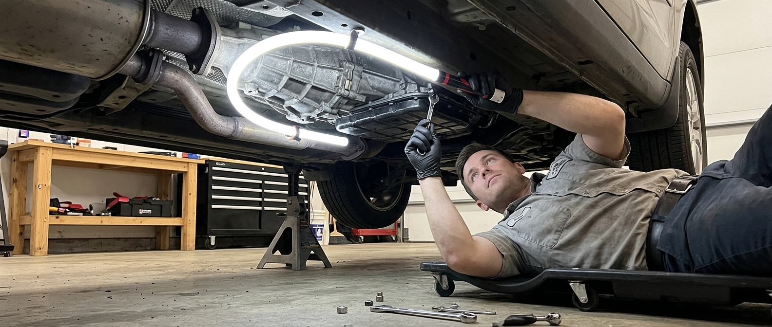 Work light magnetized to car frame for under-vehicle work