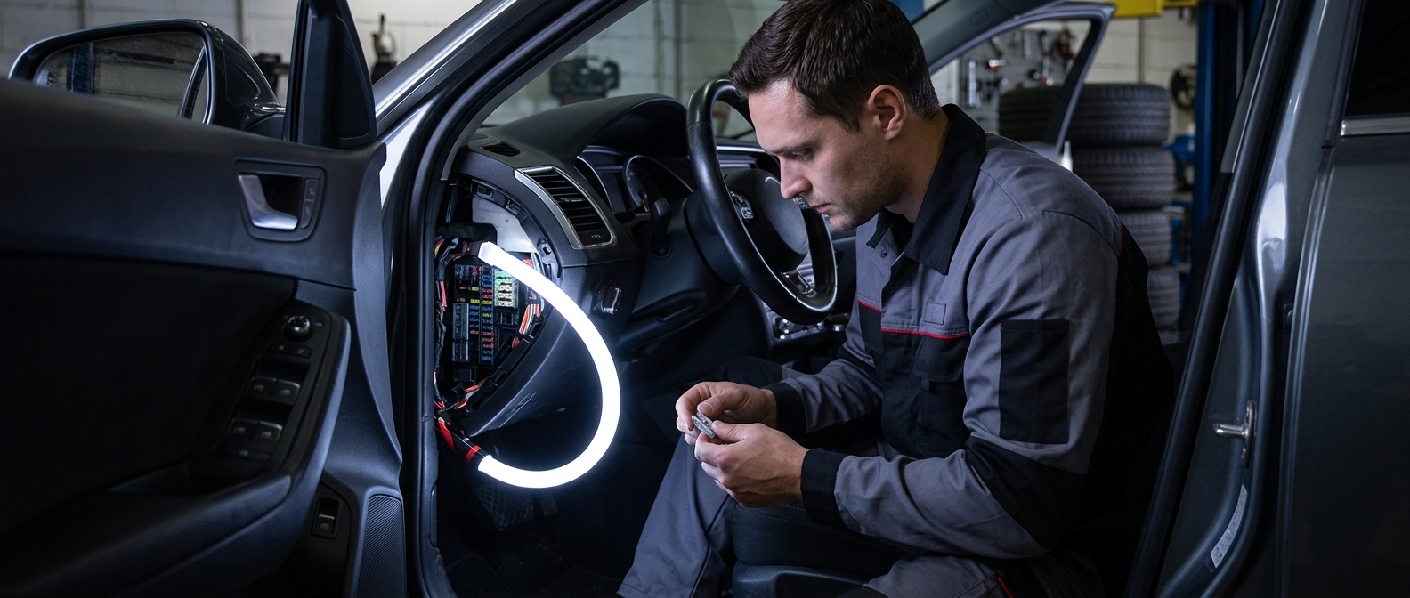 Roadside flat tire change at night with work light