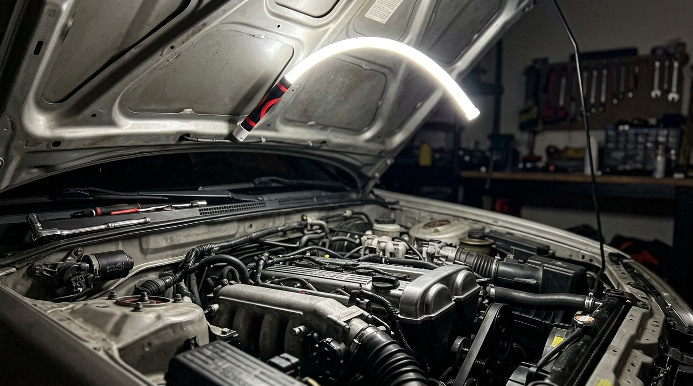Mechanic finishing job in lit garage with Venator work light