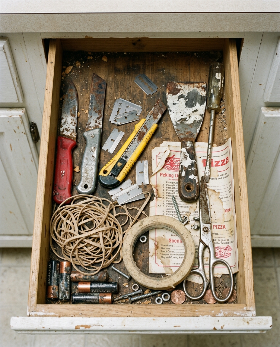 Drawer full of broken cheap utility knives