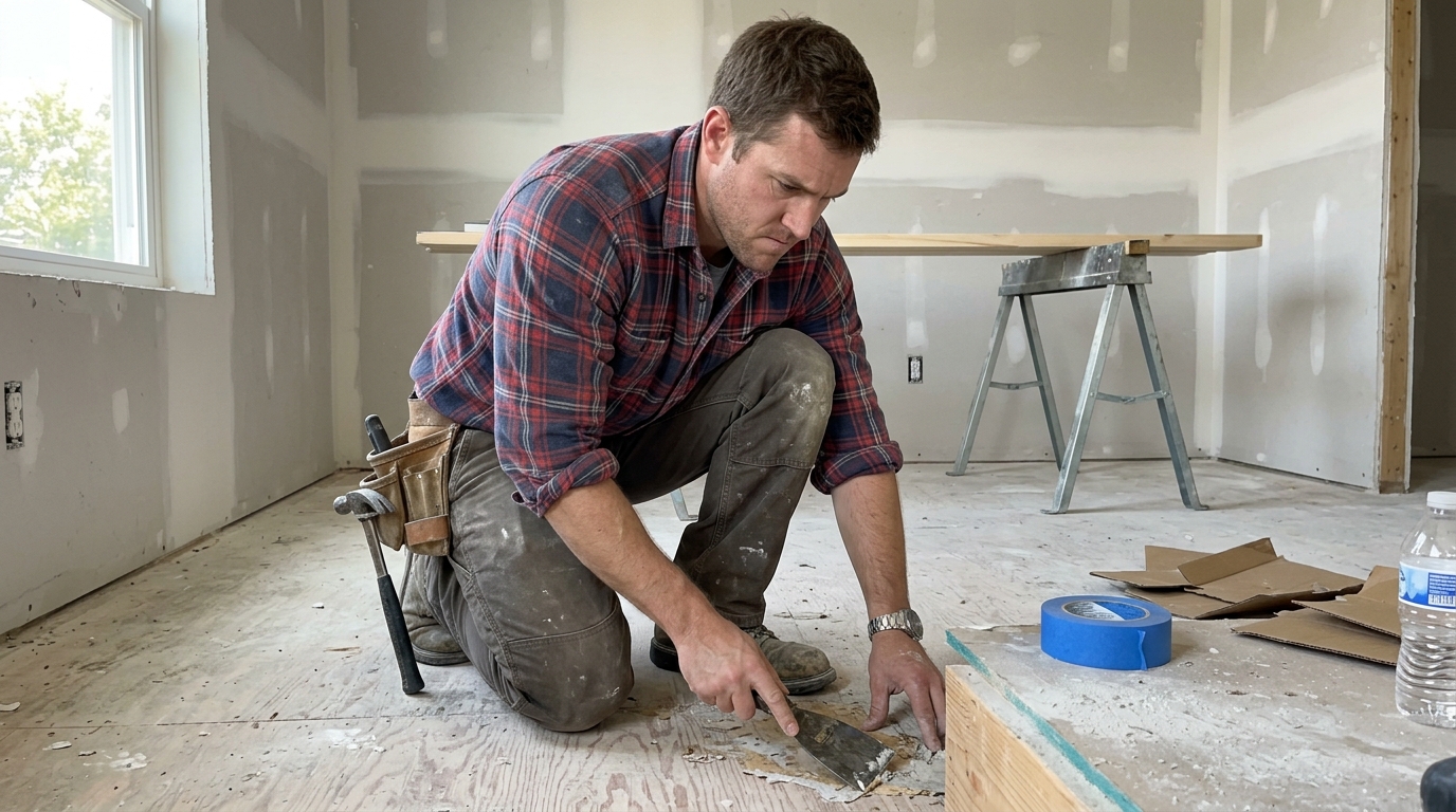 Tradesman tool belt with the scraper utility knife clipped on