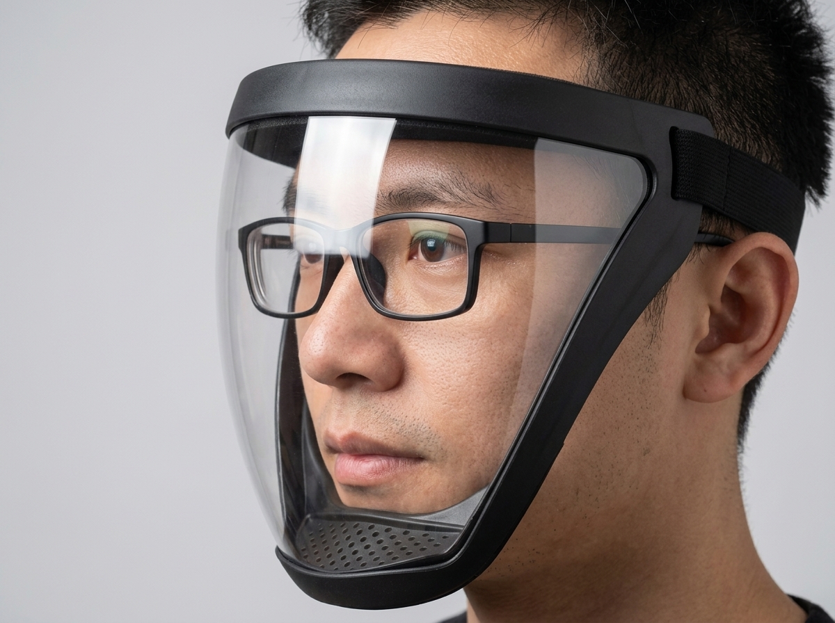 Side profile showing brow standoff clearance with glasses underneath