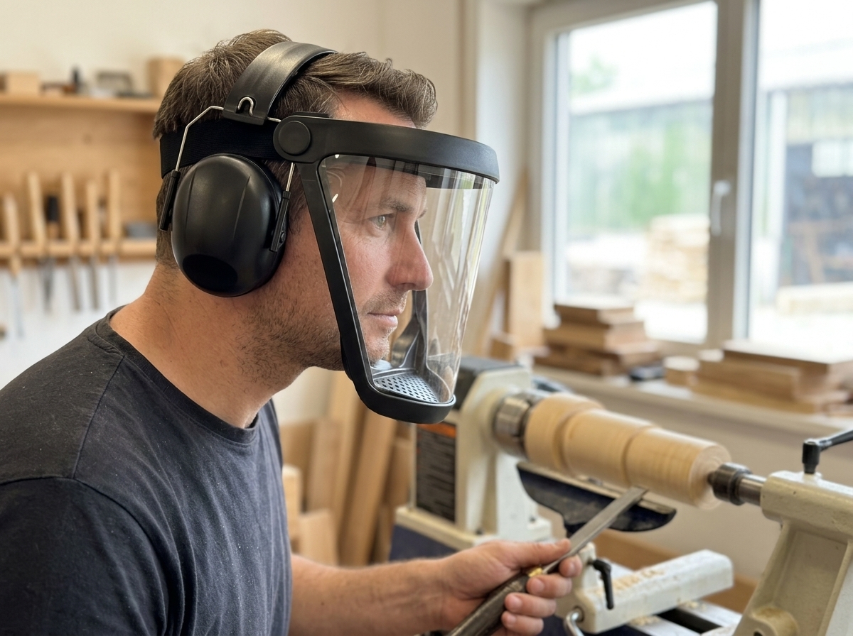 Shield worn with earmuffs in workshop