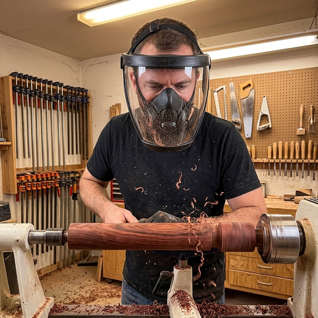 Woodturner at lathe shaping bowl