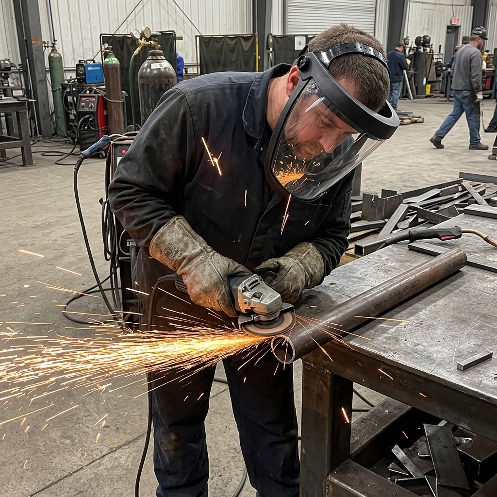 Metal grinding sparks workshop