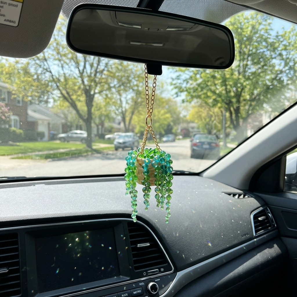 PearlCatcher Falling Emerald suncatcher hanging from a car rearview mirror, soft morning light