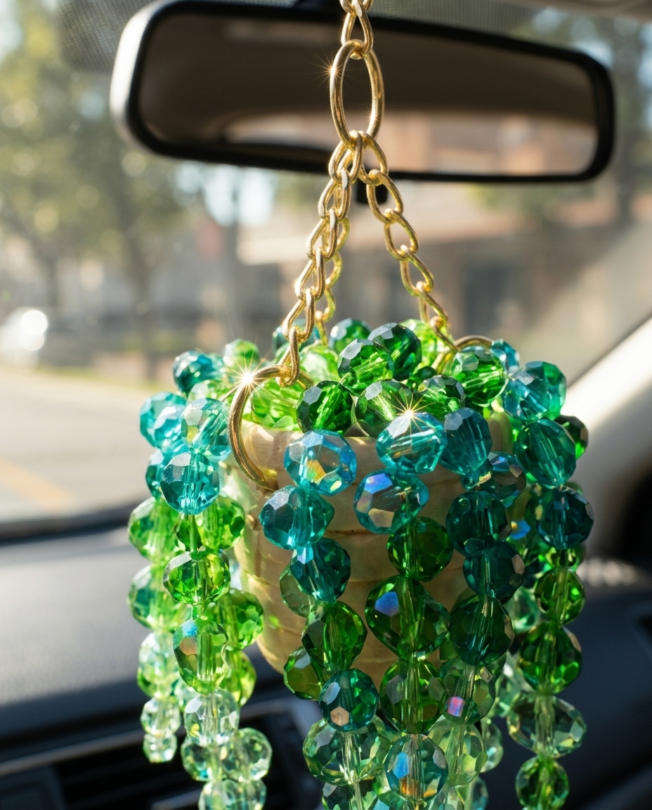 Macro close-up of pearl and emerald beadwork detail on the succulent car charm