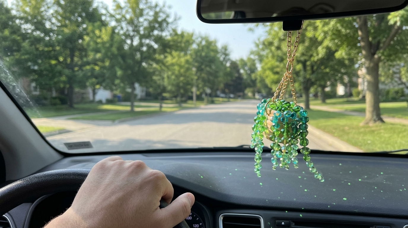 PearlCatcher Falling Emerald swaying gently from a rearview mirror in golden afternoon light