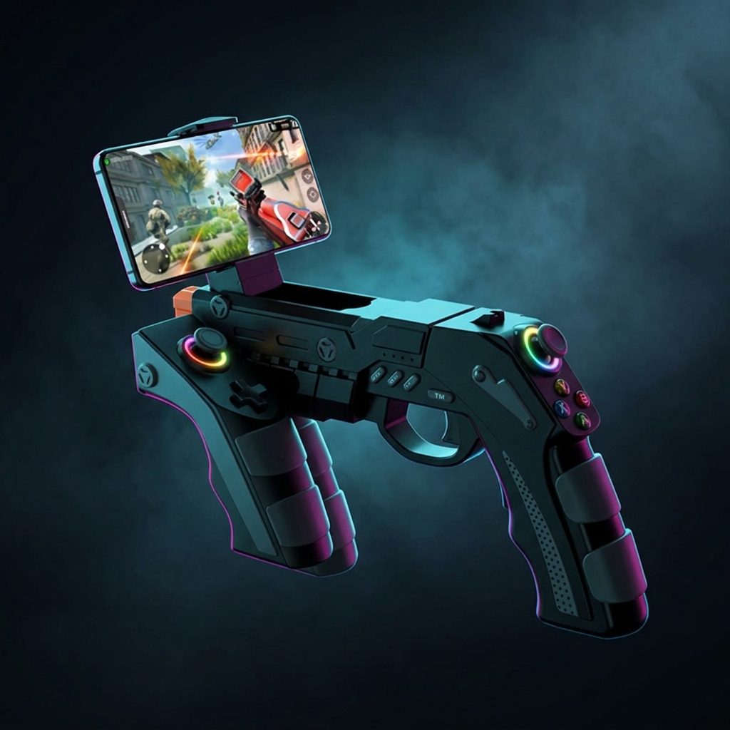 Gamer physically aiming gun controller in dark living room with RGB glow