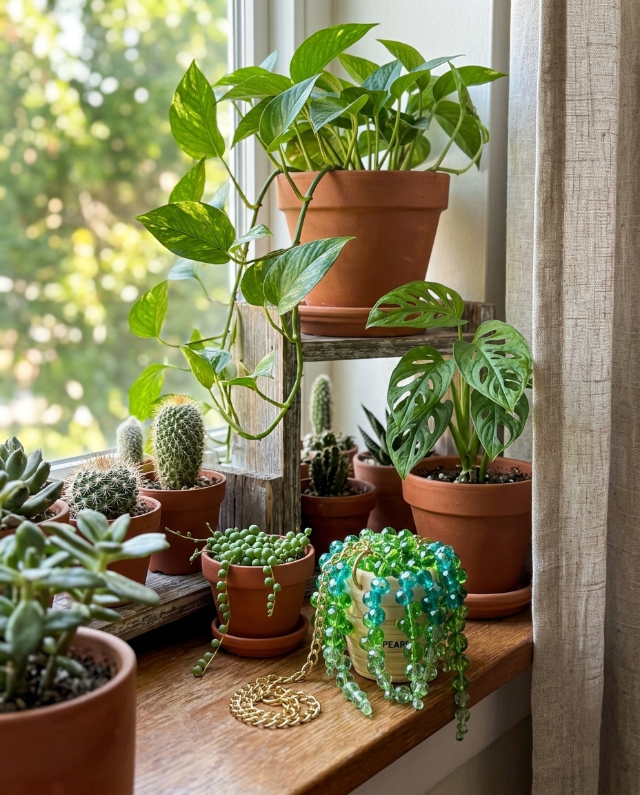 A plant-filled apartment scene with the PearlCatcher succulent charm held near a sunny window