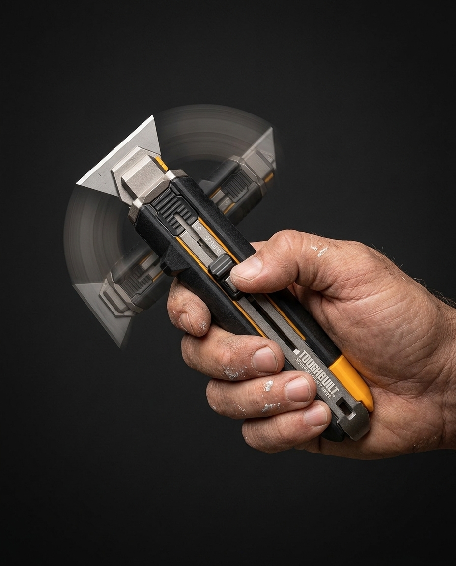 Toughbuilt 2-in-1 knife mid-flip to scraper