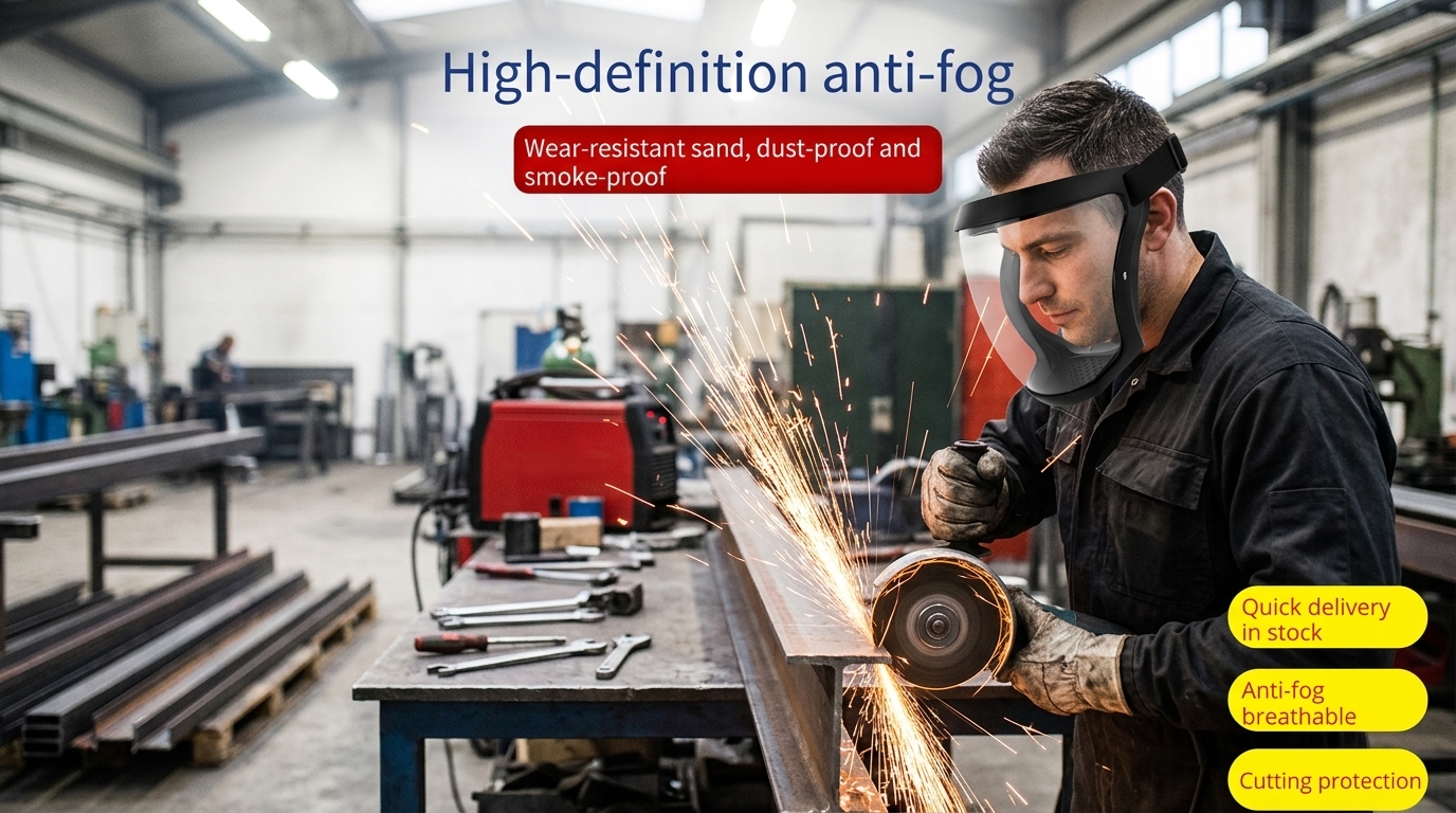 DIYer spray painting kitchen cabinets in garage workshop wearing clear full-face respirator