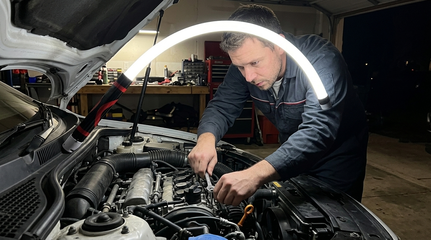 Mechanic using flexible work light wrapped around engine components in dark garage