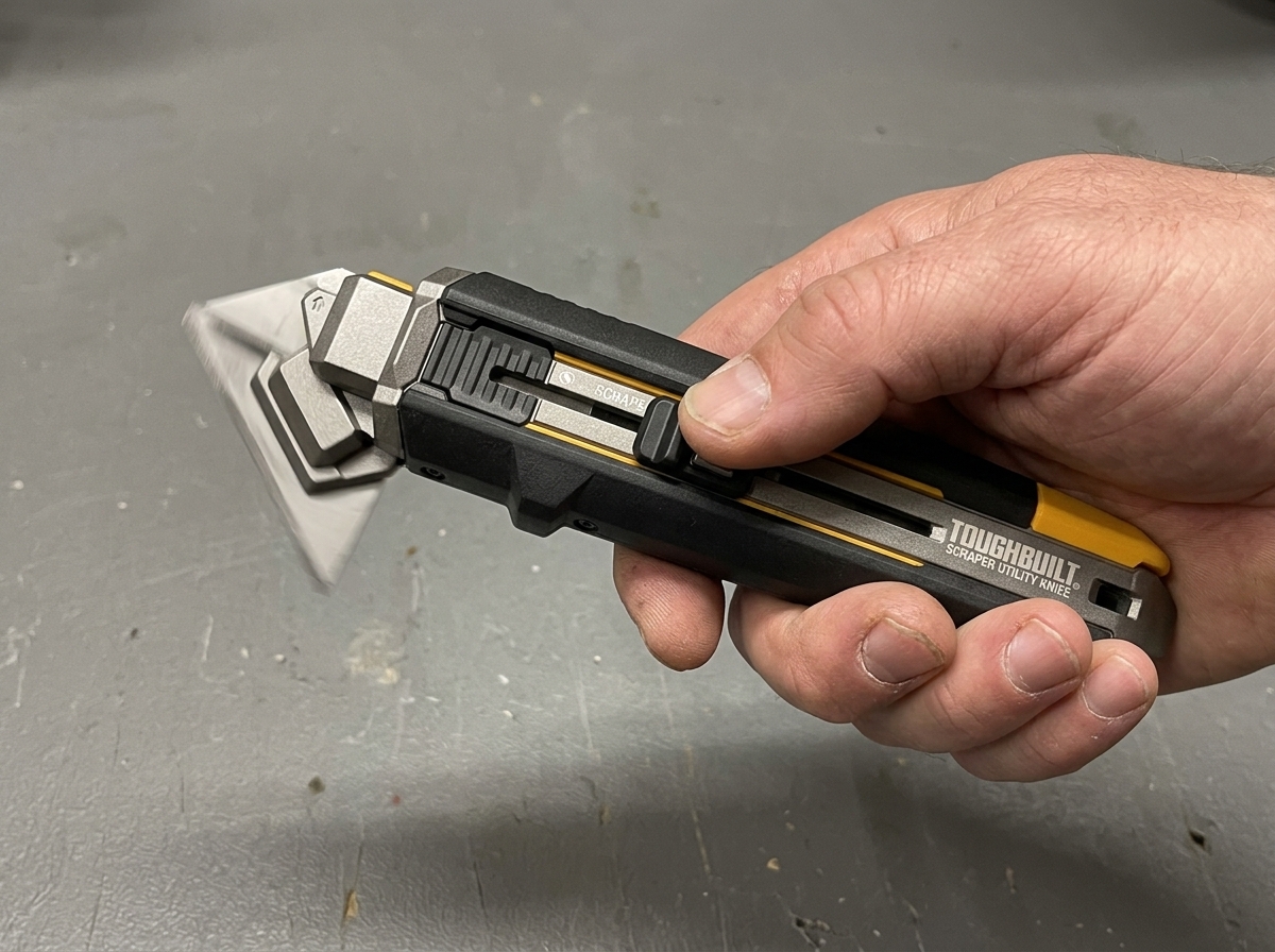 The flip mechanism mid-rotation, blade pivoting to perpendicular