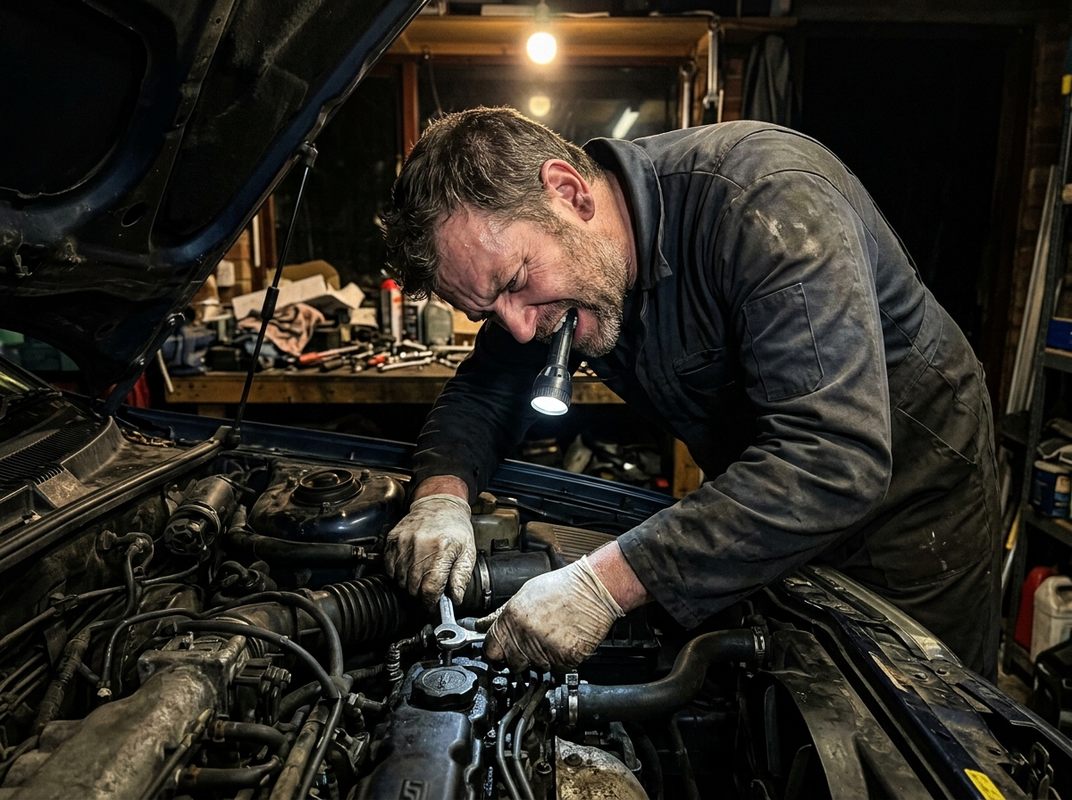 Mechanic holding flashlight in teeth while working on engine