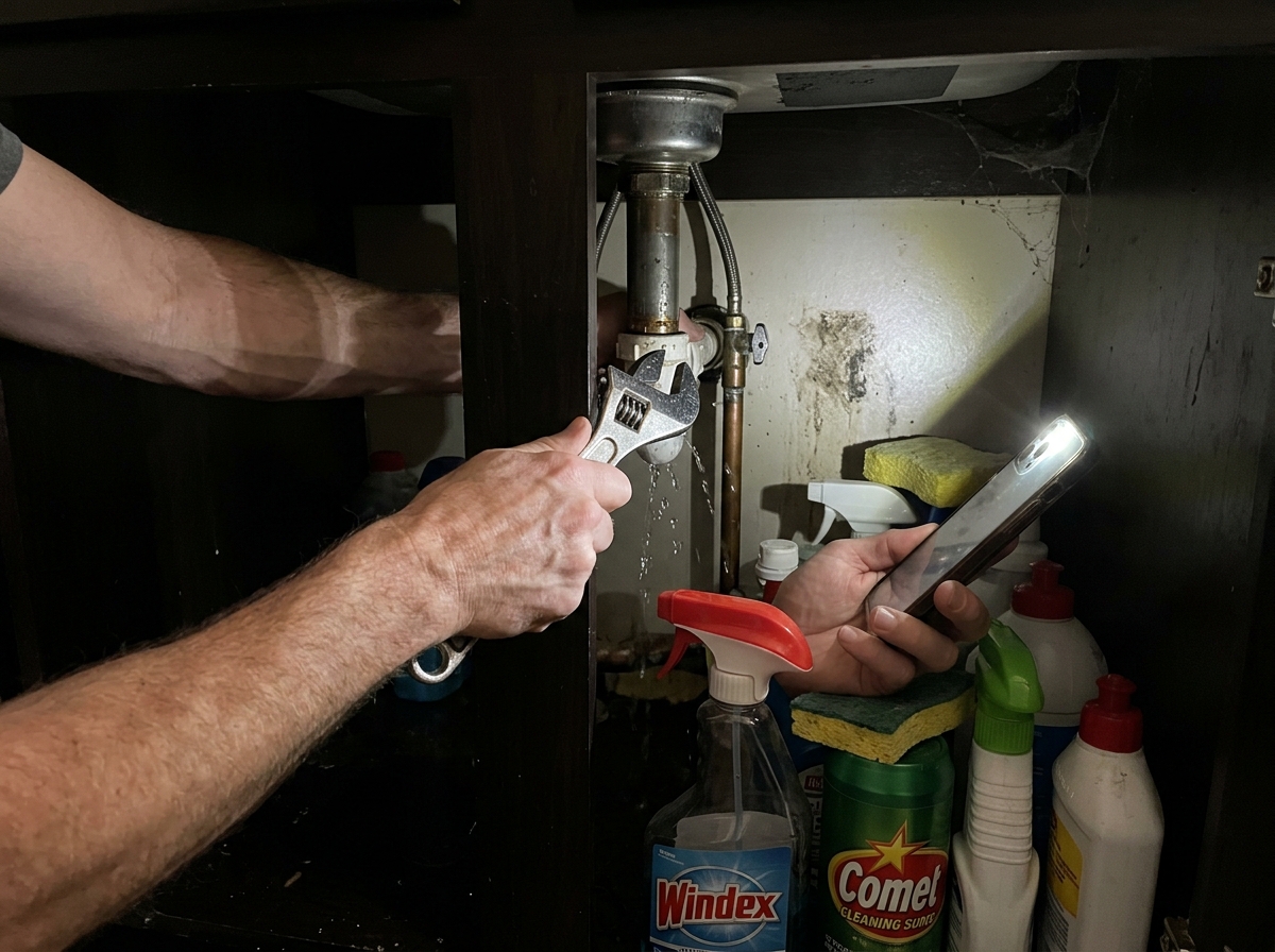 Plumber under a sink with a weak company-issued flashlight