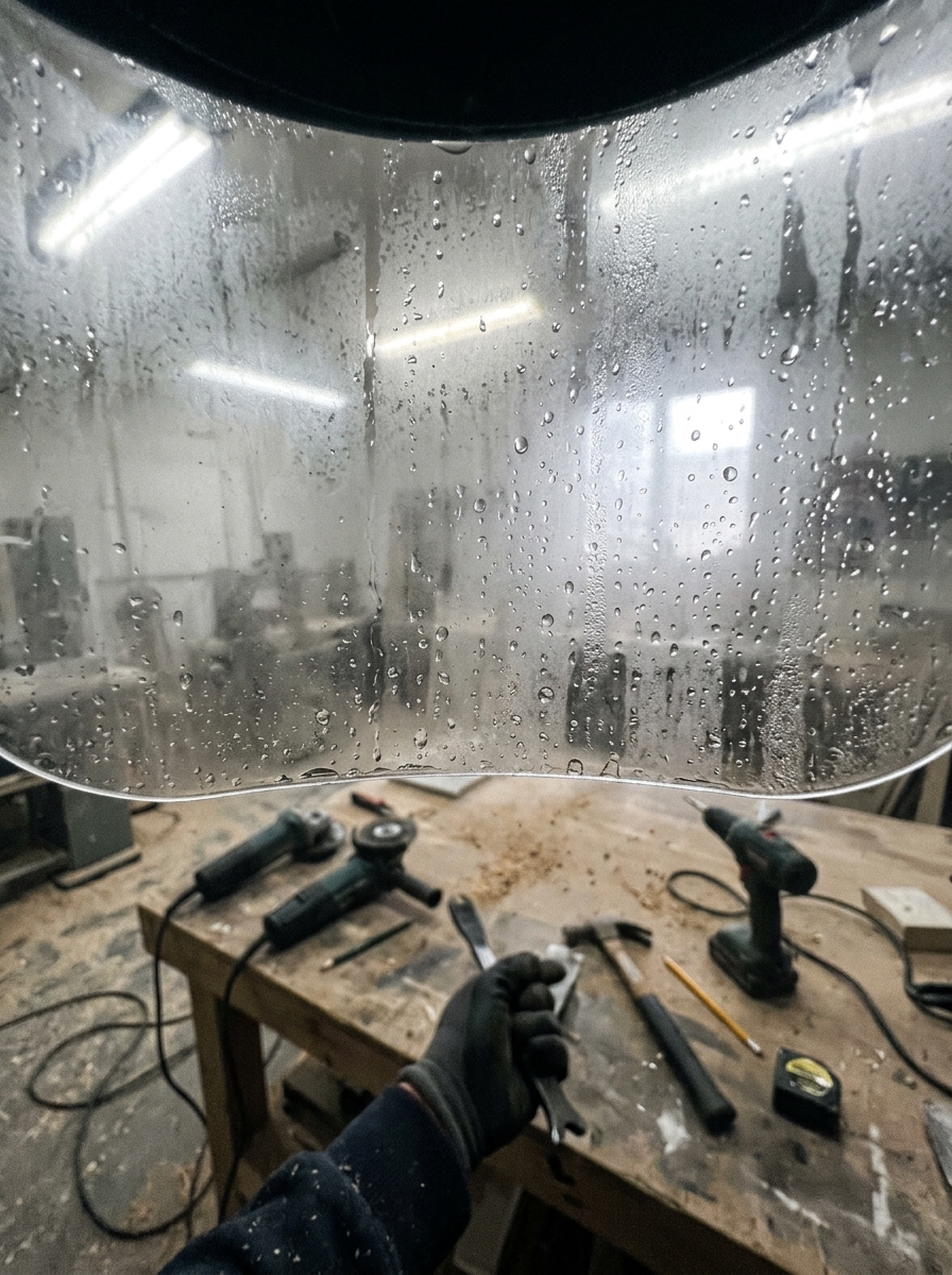 DIYer wiping fogged safety goggles mid-project, frustrated