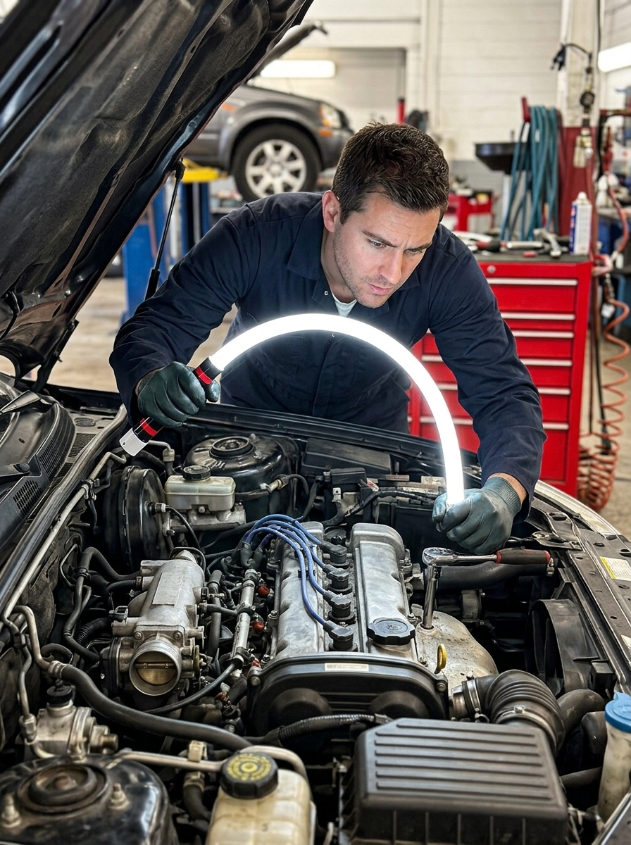 Auto mechanic using FlexiLight in dark engine bay