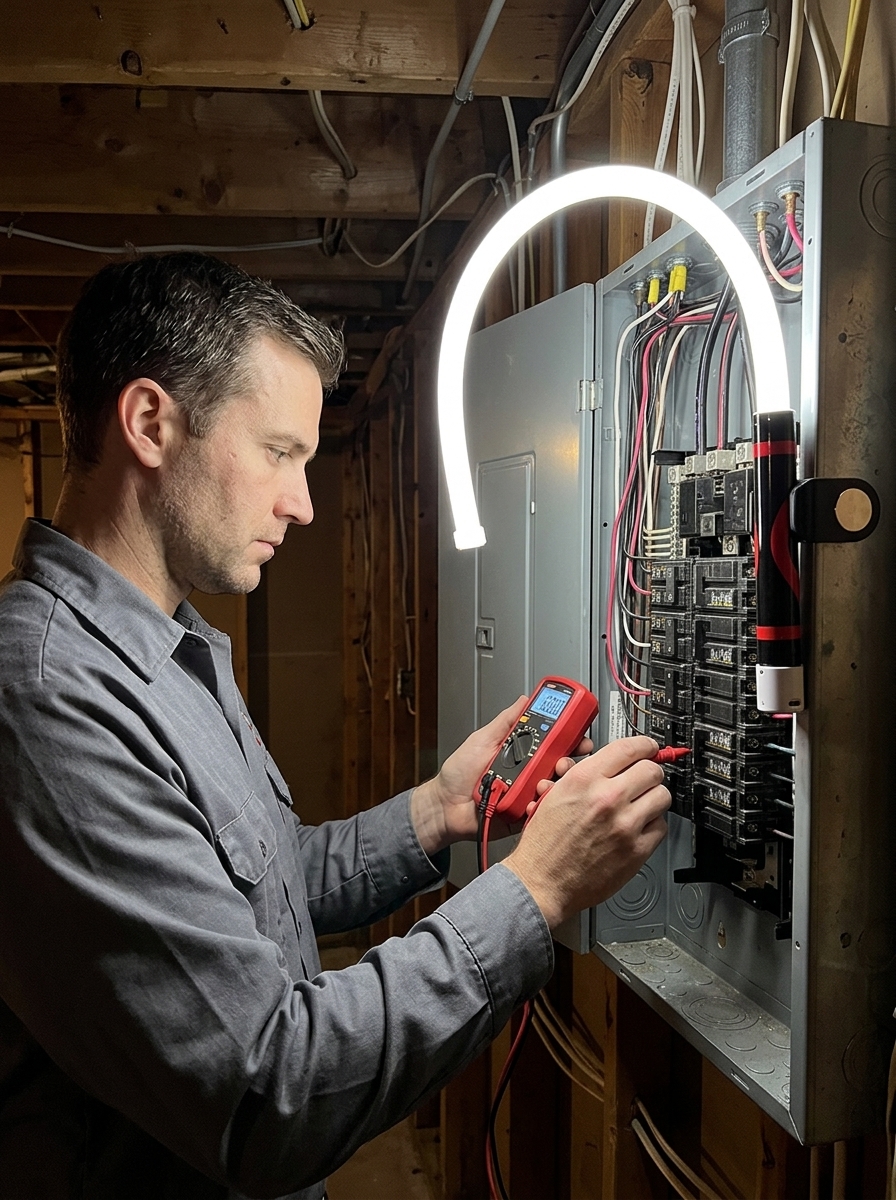 HVAC technician working on rooftop unit with flexible work light
