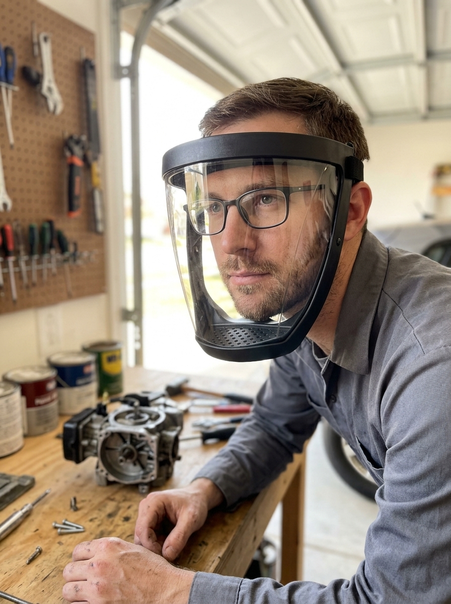 Close-up of DIYer wearing glasses underneath clear visor of full-face respirator