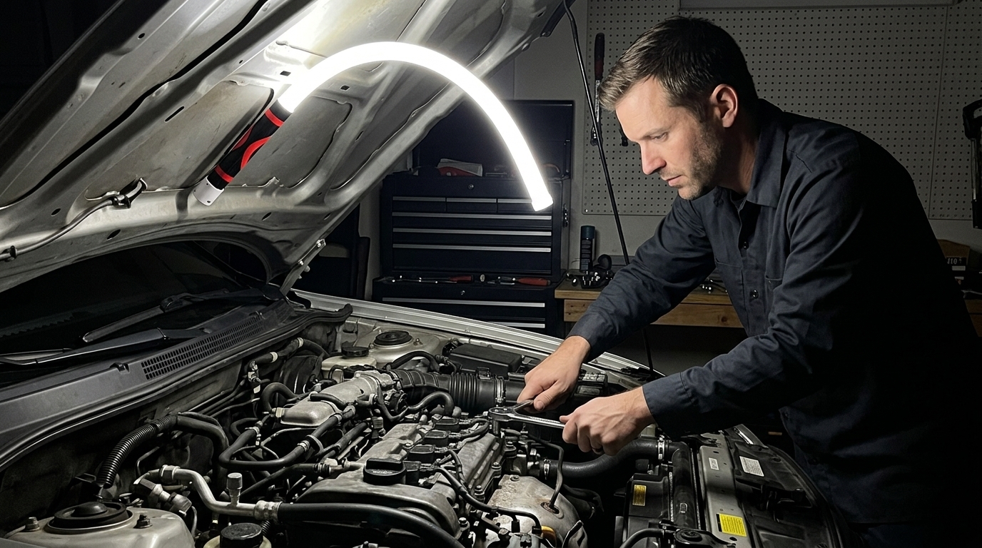 FlexiLight in use in dark engine bay at end of workday