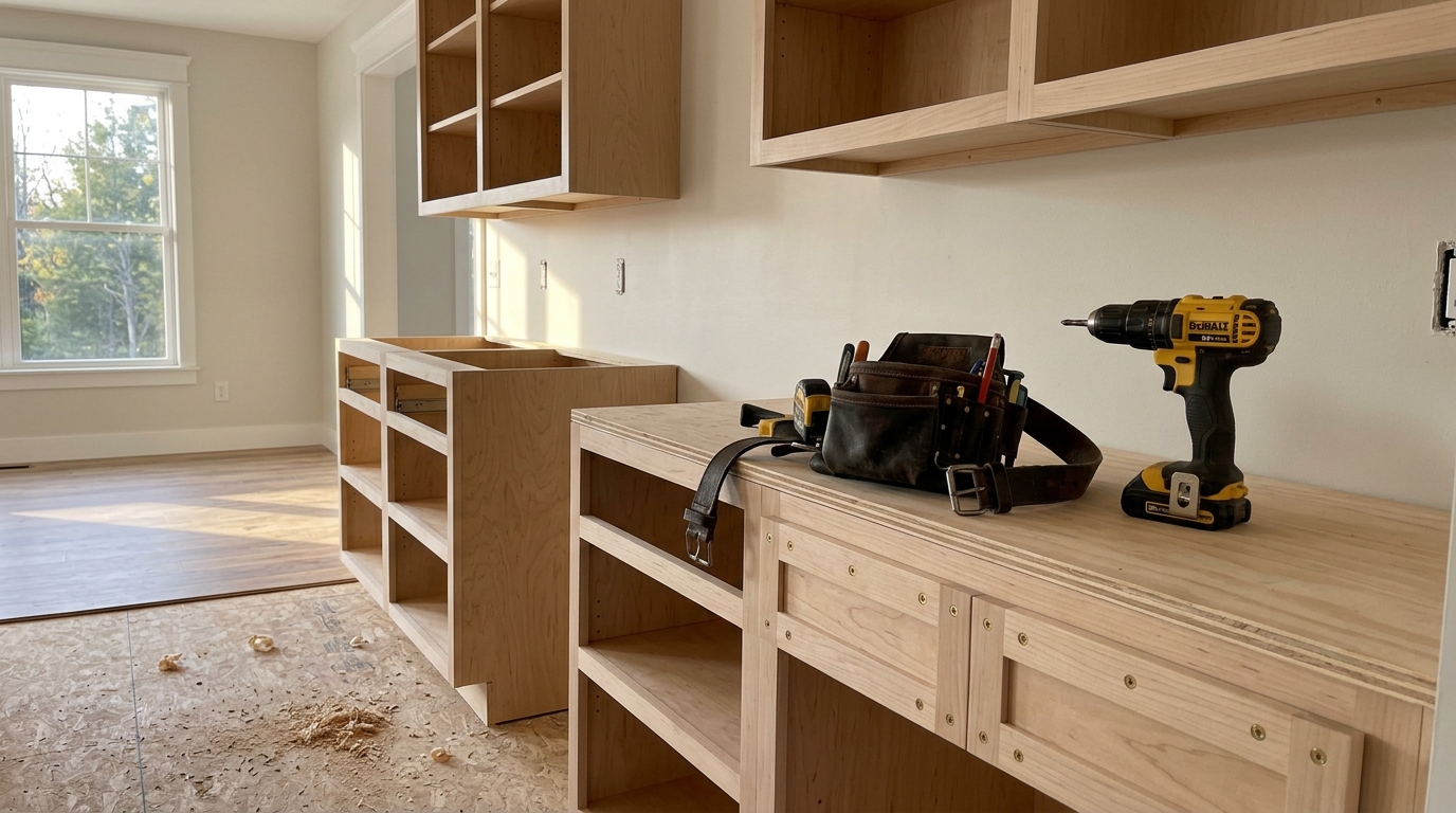 Carpenter on a jobsite driving a screw overhead with MagnetoBuilt magnetic ring