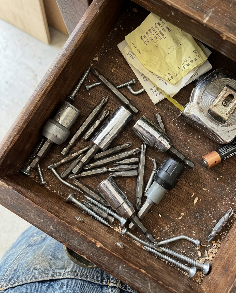 Tradesperson's hand searching for a dropped screw in gravel
