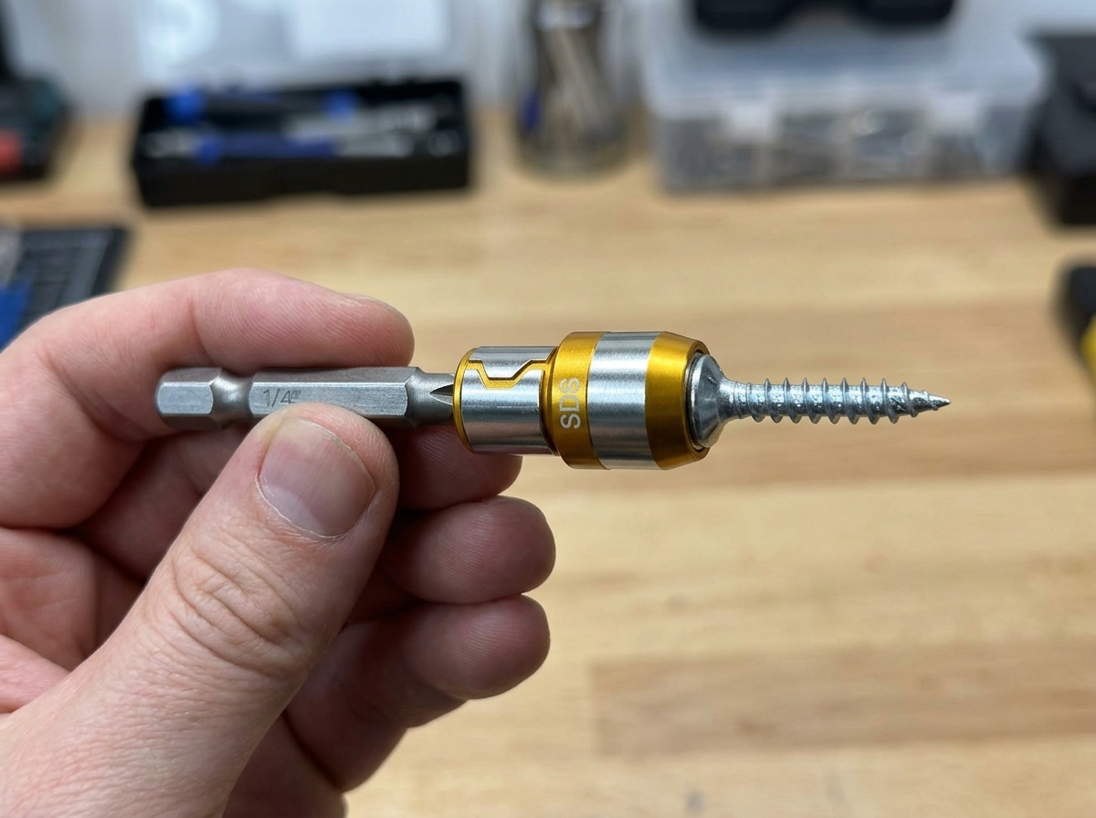 Deck screw held to bit tip by magnetic ring, threads pointing toward workpiece